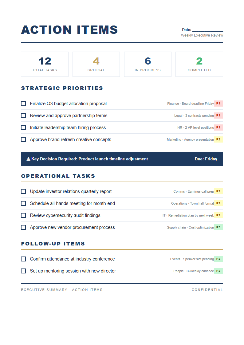 Executive summary to do list with data focus